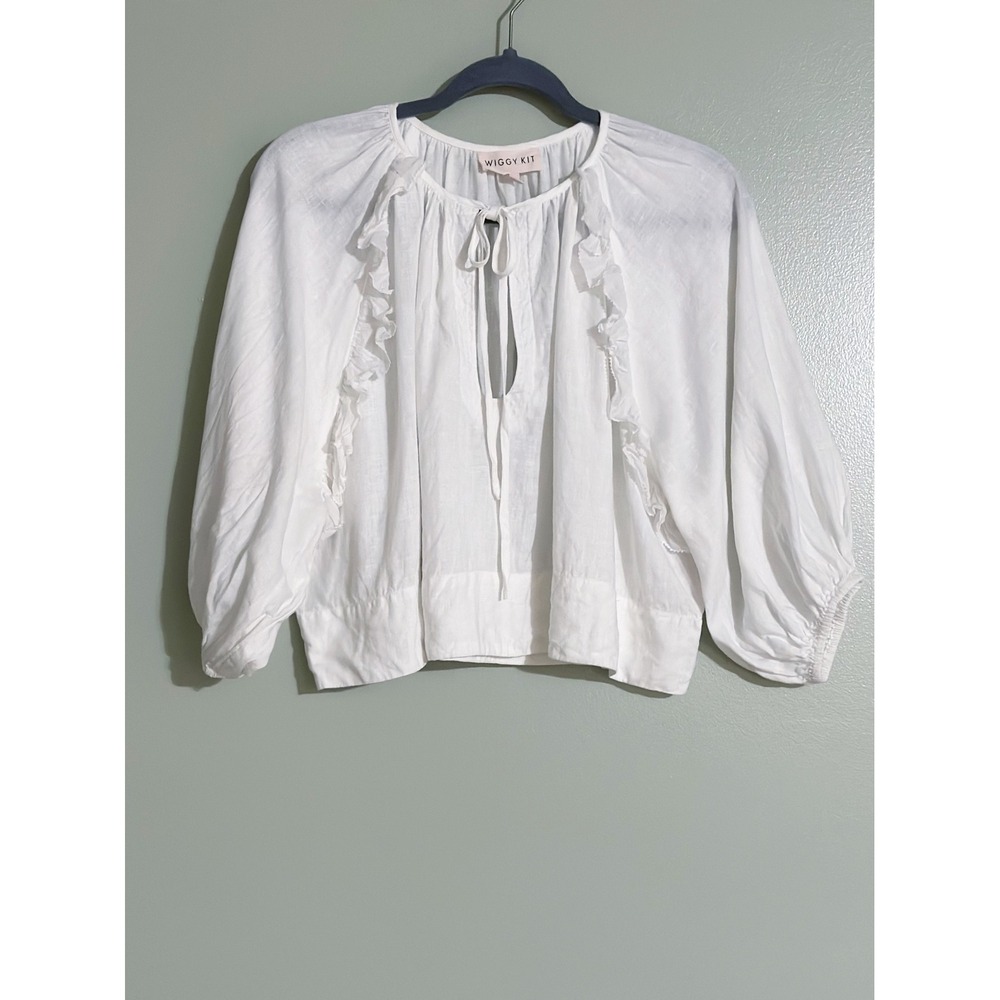 Wiggy Kit Linen Crop Tie Neck Blouse Size Small